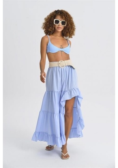 Audrey Fıfrlı Yırtmaç Detay Etek 4037 Mavi