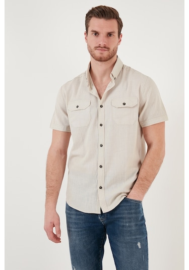 Buratti Düğmeli Yaka Pamuklu Slim Fit Cepli Erkek Gömlek Cf21S111153 Taş