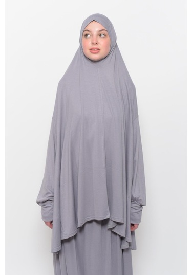 Pratik 2 Parça Pamuklu Yarasa Kollu Başörtülü Tesettür Namaz Elbisesi Gri Antrasit