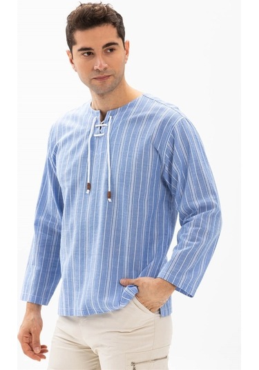 Uzun Kol Şile Bezi Zımbalı Erkek Tshirt Mavi Beyaz Çizgili 3019