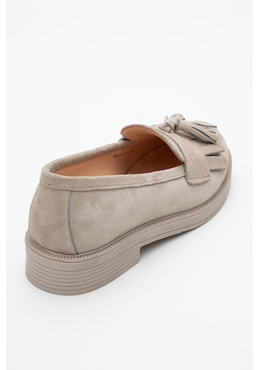 Milina Bej Süet Püsküllü Hakiki Deri Kadın Loafer Ayakkabı Bej Süet