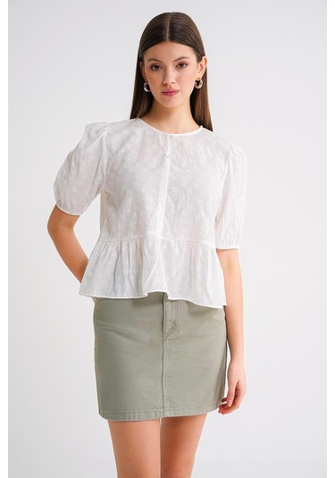 4688 Kadın Balon Kol Çiçek Desenli Peplum Bluz Beyaz Beyaz