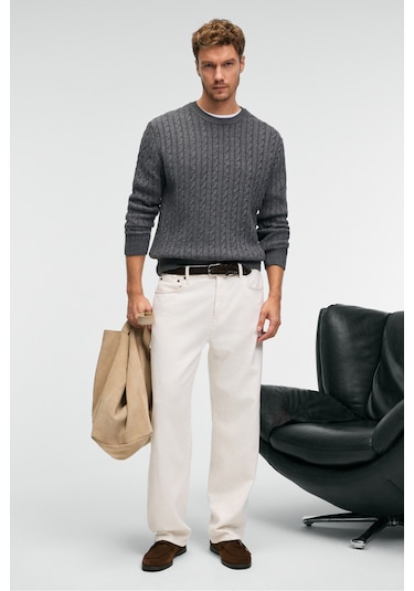 VINTLACE Erkek Yuvarlak Yaka Saç Örgü Desenli Regular Fit Triko Antrasit Kazak