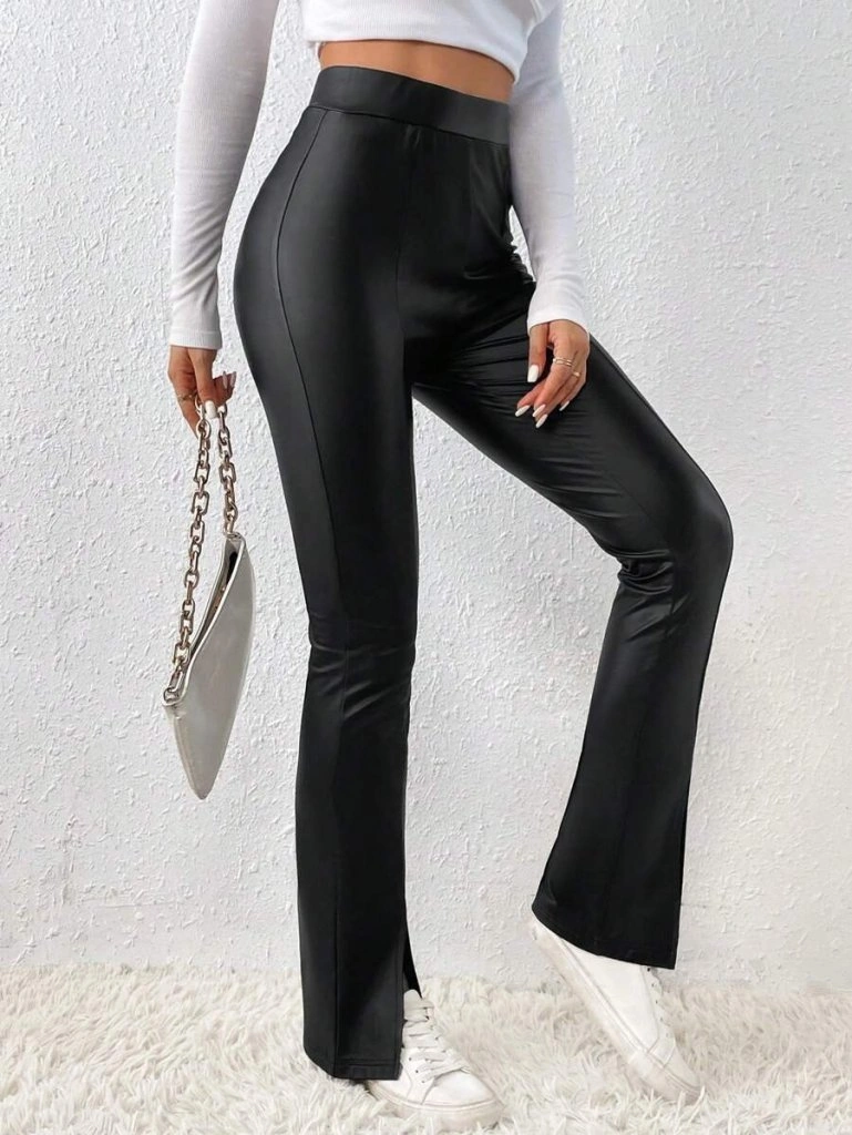 Tua Moda Kadın Yüksek Bel Önden Yırtmaçlı Deri Tayt SiYAH