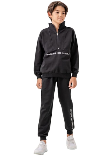 Erkek Çocuk Nothing Yazılı Yarım Fermuar Model Siyah Renk Eşofman Takımı Siyah