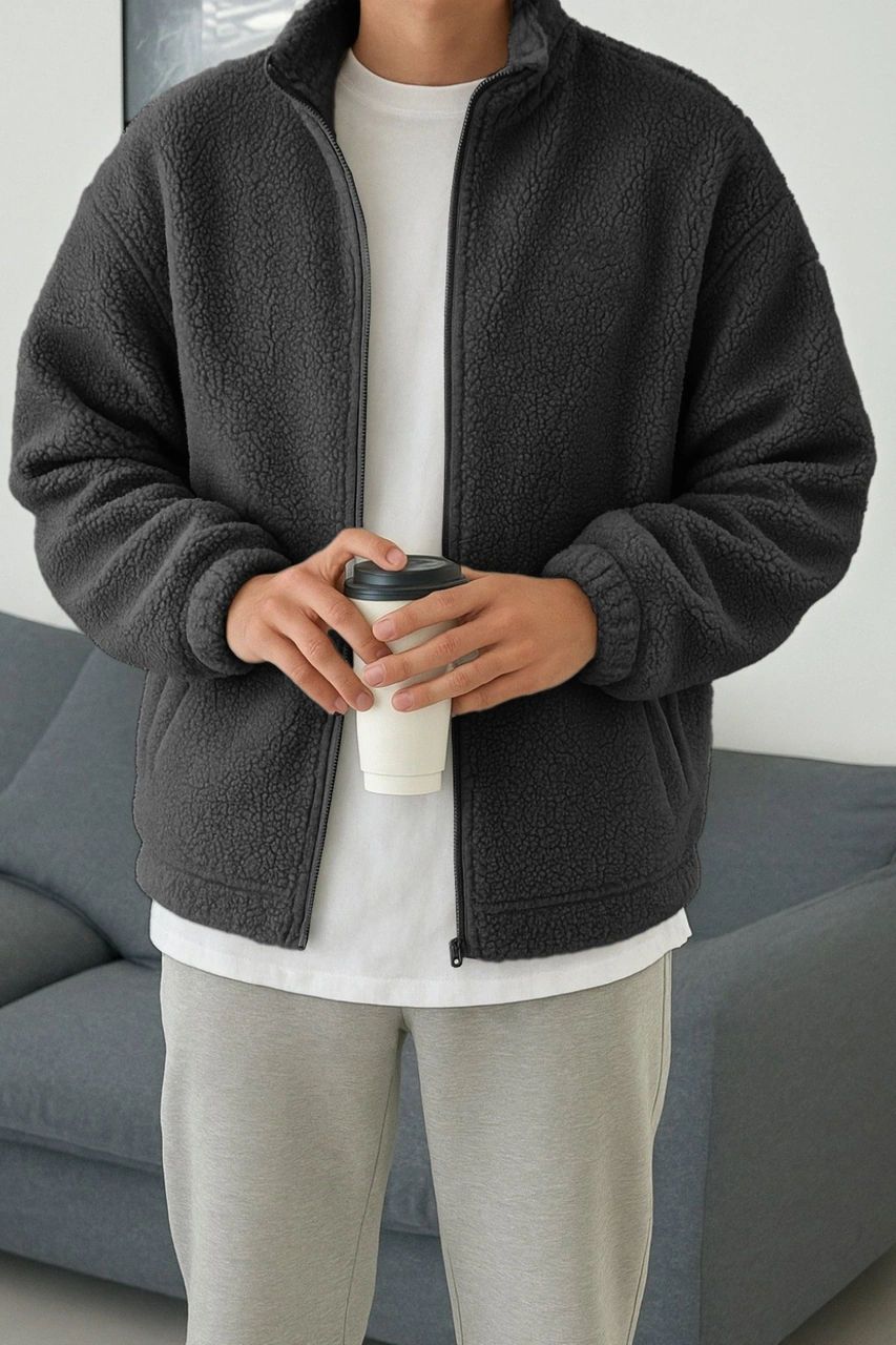 Ghassy Co. Erkek Isı Termal İç Dış Sherpa Sonbahar Kış Tam Fermuarlı Peluş Polar Sweatshirt Füme