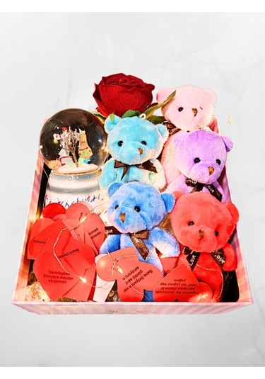 Romantik Hediye Kutusu Işıklı Kalpli Mesajlı Kar Küresi Ve Peluş Ayıcıklarla Dolu Sevgiliye Hediye Renkli
