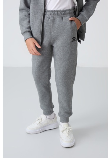 Gri Melanj Pamuklu Kalın İçi Tüylü Yumuşak Dokulu Standart Fit Nakışlı Erkek Çocuk Eşofman Takım - 11256 Gri Melanj