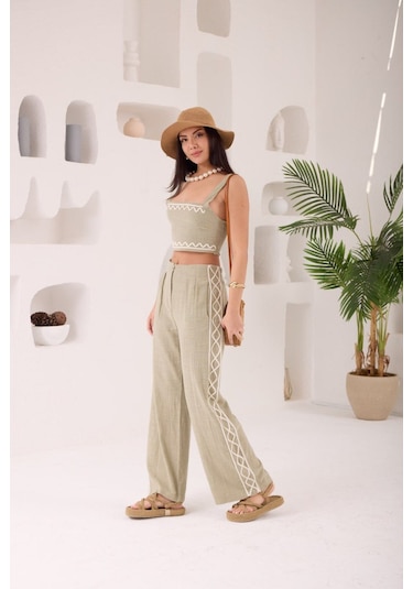 Zikzak Nakış Kalın Askılı Crop Bluz Pantolon 2li Takım Haki