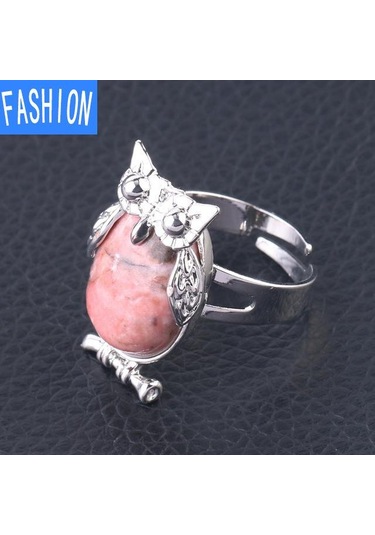 Çizgili Rodonit Metal Baykuş Dışbükey Doğal Kristal Kakma Ayarlanabilir Yüzük Çok Renkli