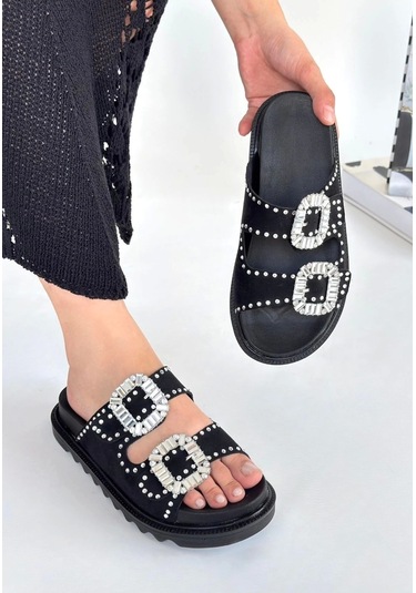 Juana Siyah Nubuk Taşlı Terlik Çok Renkli