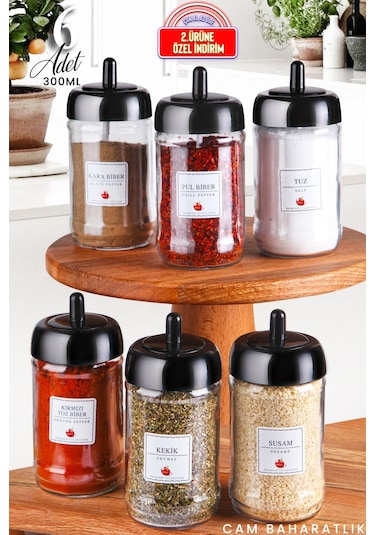 KitchenLife 6 Adet Kapağı Kendinden Kaşıklı Baharatlık Seti - 300 Ml Siyah - Şeffaf