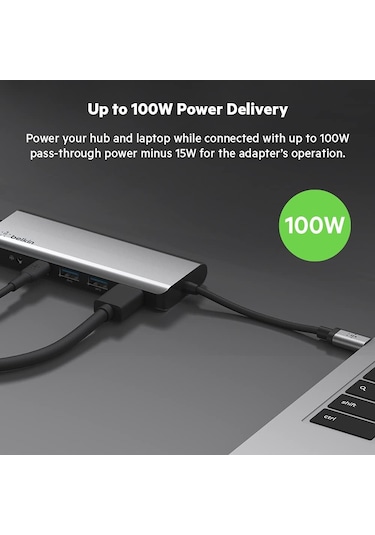 Belkin 7'si 1 Arada Çok Bağlantı Noktalı Usb C Hub 4k Hdmi, Usb-