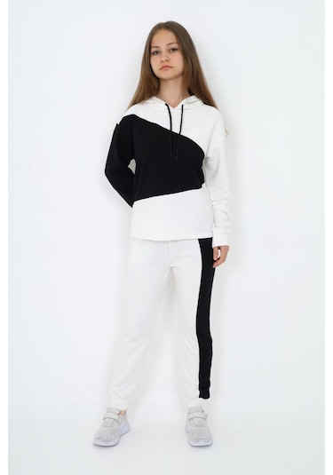 Kız Çocuk %100 Pamuk Garnili Kapüşonlu Uzun Kol Alt&üst Eşofman Takım-eşt-0018 Beyaz