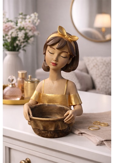El Yapımı Seramik Kız Figürlü Kase Golden Blush Bow Çok renkli