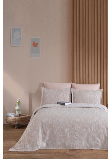 Elart Mokka Keten Görünümlü Çift Kişilik Yatak Örtüsü Pike Seti