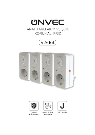 Onvec Basic Anahtarlı Akım Ve Şok Korumalı Priz 720 Joule 4 Adet Yok