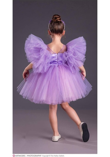 Kız Çocuk Tütü Etekli Kabarık Kollu Komotini Taçlı Abiye Elbise Mor 1662 Mor