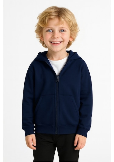 Kız - Erkek Çocuk Basic Fermuarlı Kalın 3 İplik Kışlık Okul Sweat Ak1815 Lacivert