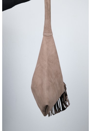 Rosalın Kum Hakiki Deri Süet Püsküllü Kadın Omuz Çantası Kum Beji