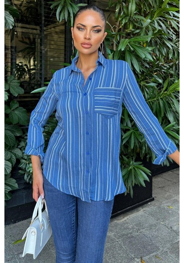Kadın İndigo Uzun Kol Özel Kumaş Tek Cep Gömlek Dik Çizgili Arkası Uzun Basic Kesim Gömlek Indigo