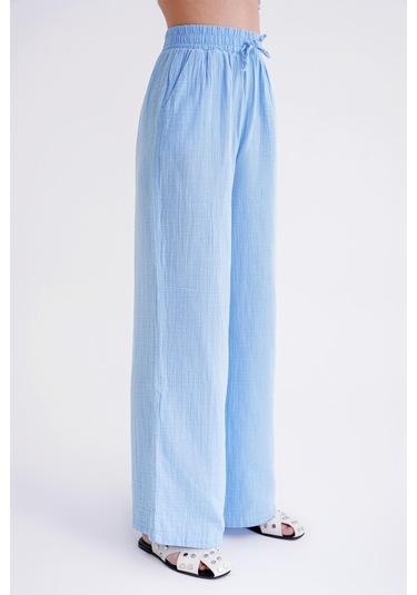 4286 Kadın Bol Paça Beli Lastikli Müslin Palazzo Pantolon Bebe Mavi Bebe Mavi