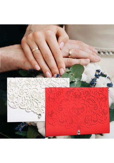 Shineyee 10'lu Beyaz Kristal Taşlı Laser Kesimli Çiçek Desenli Davetiye Seti Zarf + Kılıf + Boş İç Sayfa - Düğün, Parti, Doğum Günü