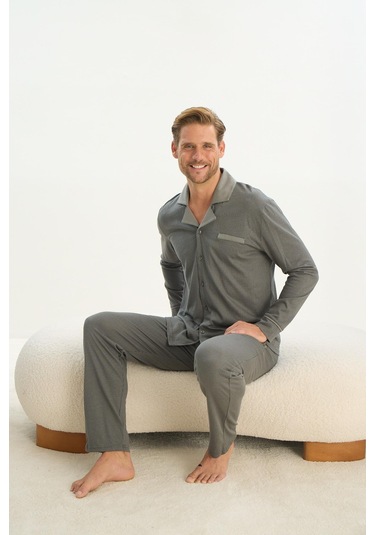 Erkek Uzun Kol Gömlek Yaka Önden Düğmeli Yeşil Pijama Takım C7t2n5o9 001