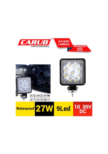 Carub Çalışma Lambası 10-30v 27w Off Road 9 Led Kare Siyah