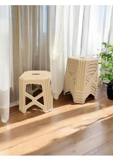 6 Adet Meram Küçük Boy Plastik Mutfak, Banyo, Balkon Ve Bahçe Taburesi Krem