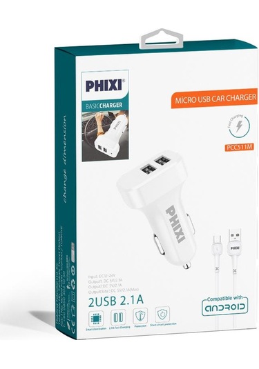 Phixi Pcc511m Basic 2.1a Çift Çıkışlı Micro Usb Kablolu Araç Şarj Cihazı