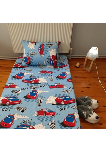Tek Kişilik Ranforce Kumaş Lastiksiz Çarşaf Takımı Mavi Yarış Arabası Açik Mavi