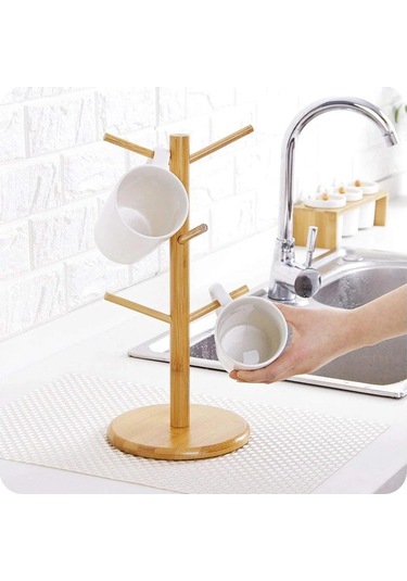 Youmex Bambu Bardak Tutucu, 6 Bardak Kapasitesi, Dürtme Engeli, Organik Malzeme, Mutfak Düzenleyici, Doğal Tarz, Anti Kayma Taban Ahşap