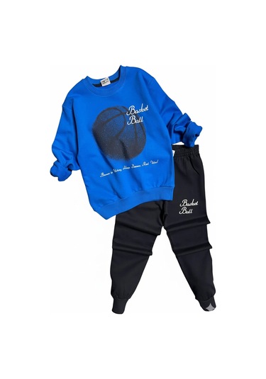 Basketball Yazı Desenli Mavi Renk Erkek Çocuk Eşofman Takımı Mavi