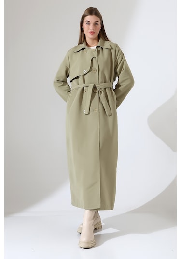 Amazon Keten Kumaş Uzun Boy Düğmeli Astarlı Yumuşak Dokulu Trenç Kot Mint Yeşil Mint Yeşili