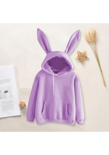 Novahub Kırmızı Kadın Kapüşonlu Sweatshirt - Tavşan Kulak Dekorlu, Uzun Kollu, Rahat Kışlık Üst Kırmızı