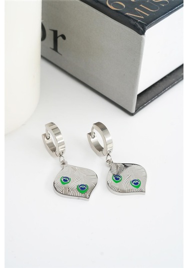 Kadın 316l Çelik Kararmaz Mineli Tüy Figürlü Küpe Seti - Gümüş