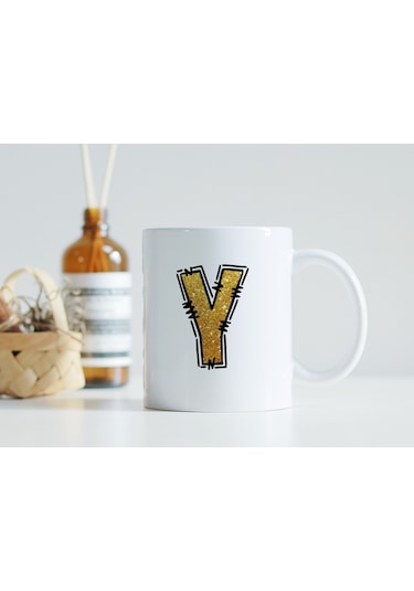 Y Harfi Gold Simli Kupa Işıltılı Alfabe Harf Tasarımlı Kahve Kupası - Kişiye Özel Hediye Beyaz