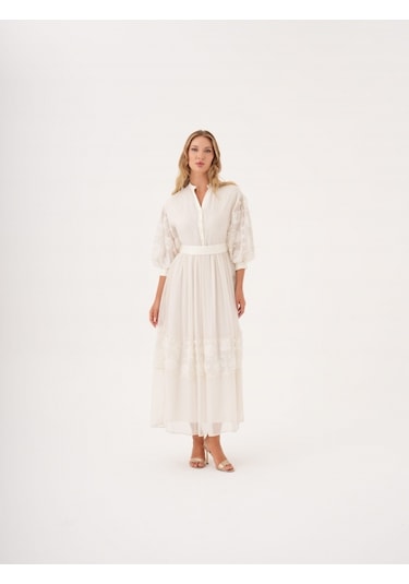 Dantel Detaylı Kemerli Şifon Gömlek Elbise Bej