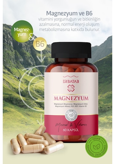 Erbatab Magnezyum Bisglisinat Sitrat Malat & Vitamin B2 B3 B6 3'lü Form 60 Kapsül