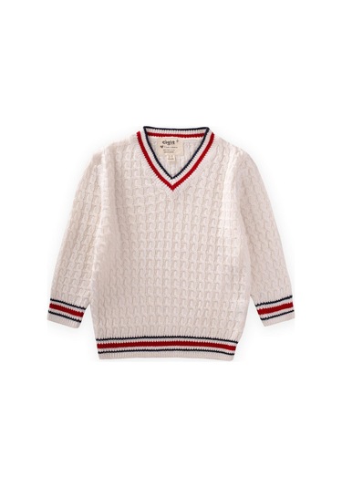 Saç Örgü V Yaka Kazak 2-9 Yaş Ekru Ekru