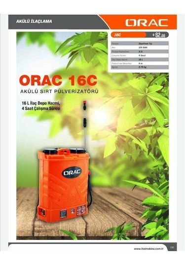 Orac 16C Akülü Şarjlı İlaçlama Pompası 16 L