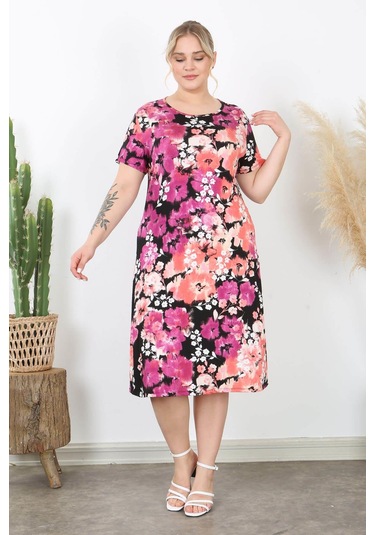 Kadın Pembe Somon Kırçiçeği Desen Midi Elbise Pembe