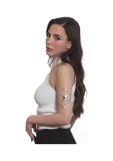 Labalaba Kadın Lak Gümüş Kaplama Siyah Doğaltaşlı Ayarlanabilir Pazu Bandı, Üst Kol Aksesuarı Gümüş