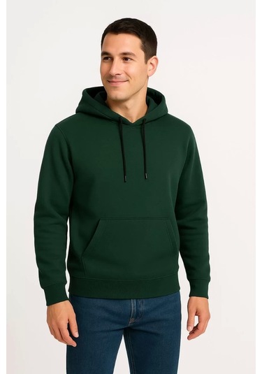 Erkek Üç İplik Kapüşonlu Kanguru Cepli Sweatshirt Hoodie - Haki Haki