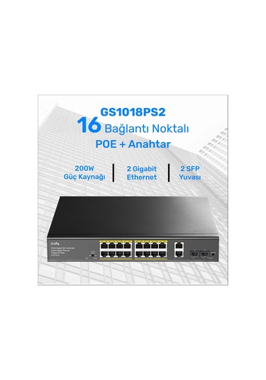 Cudy GS1018PS2 16 Port 10/100mbps Gigabit Poe 2port Gigabit 200w Metal Masaüstü Switch