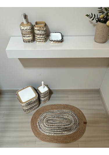 Doğal Dokulu Hasır Görünümlü 6 Parça Banyo Takımı Zarif Ve Modern Çok Renkli