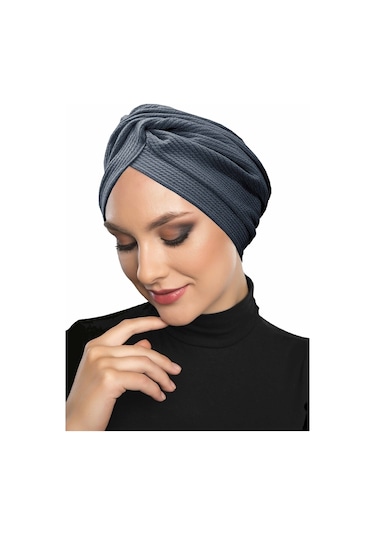 Çapraz Fitilli Penye Koyu Gri Hazır Türban Tesettür Havuz Bonesi Koyu Gri