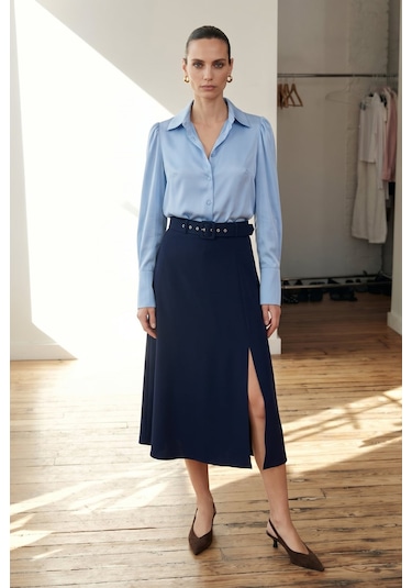 Sateen Kemerli Yırtmaç Detaylı Kloş Etek - Lacivert-137418