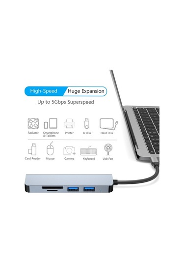 Fortunelane Usb3.0 5gbps + 3xusb2.0 + Sd/tf Okuyucu 5-in-1 Hub: Alüminyum Gövde, Gri Renk Type-c'den Usb'ye Çevirici